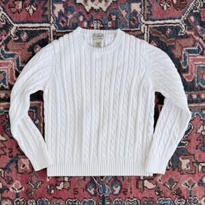 L. L. Bean Women's Snow White 100% Cotton Cable Knit Crewneck Sweater Sz M